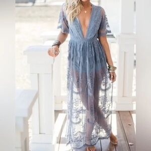 Honey Punch Mila Lace‎ Maxi Romper Dress Dusty Blue size medium